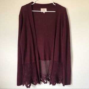 Skies are Blue Maroon Cardigan with Crochet Detail